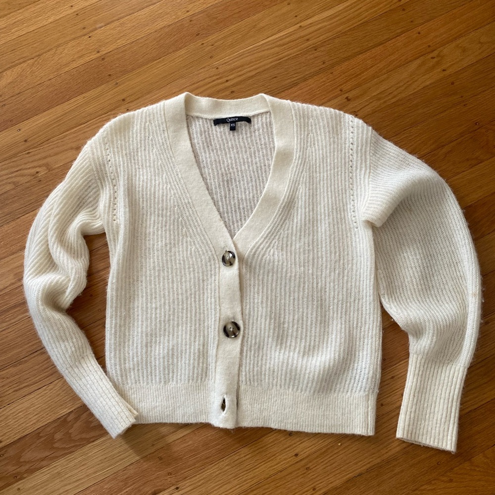 Quince Cream Cardigan Sweater Ribbed Knit V-Neck
